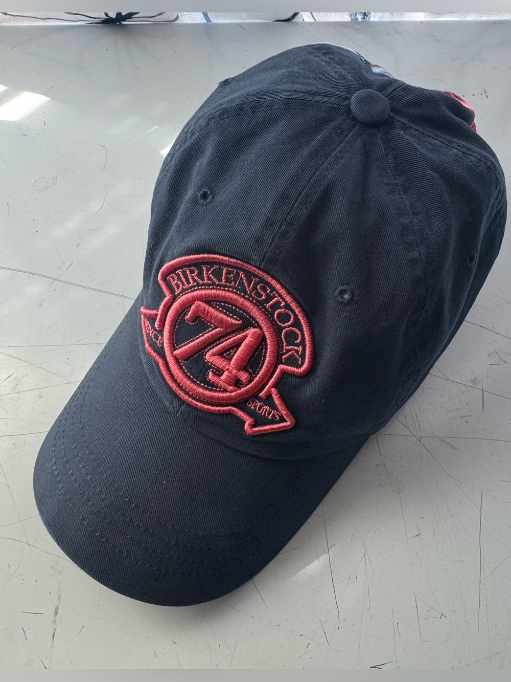 Vintage Birkenstock Sports 47 Adjustable Baseball Hat Cap Navy Blue Embroidered.